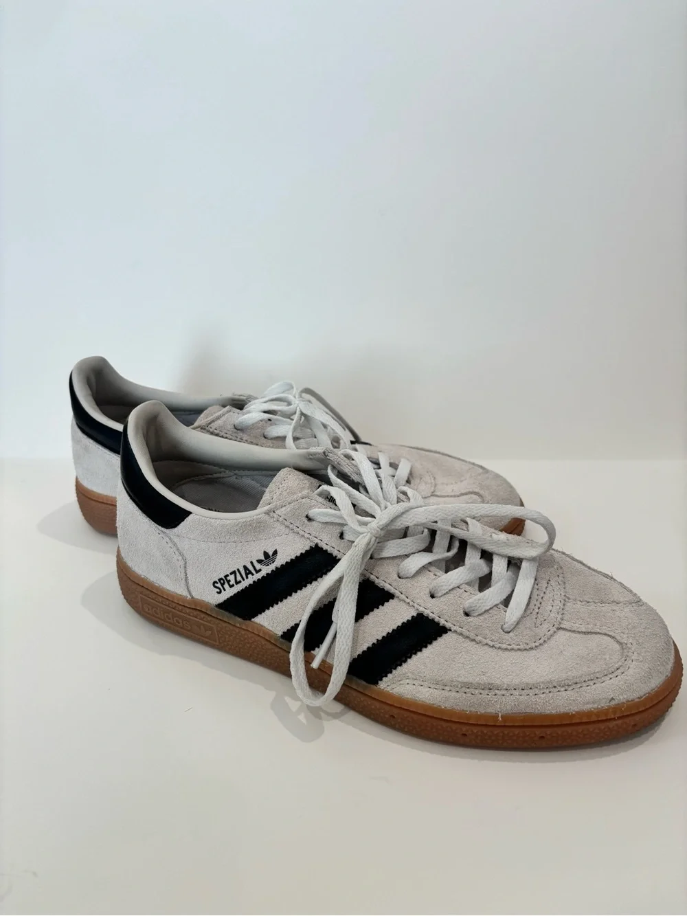 adidas Suede Sneakers in White with Black Stripes and Gum Sole